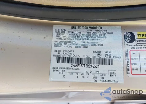 2006 Ford Fusion S z USA, uszkodzony, nr VIN 3FAFP06Z16R246534